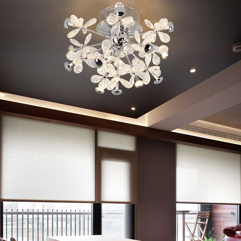 Flower Crystal Semi Flush Mount Modernist 13 Heads Silver Close to Ceiling Lamp for Living Room Clearhalo 'Ceiling Lights' 'Close To Ceiling Lights' 'Close to ceiling' 'Semi-flushmount' Lighting' 281218