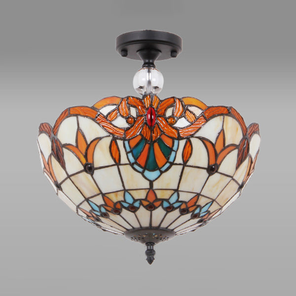 12"/16" W Scalloped Semi Flush Light Traditional Tiffany Stained Glass Ceiling Lamp with Leaf/Victorian/Circle Pattern in Bronze for Foyer Clearhalo 'Ceiling Lights' 'Close To Ceiling Lights' 'Close to ceiling' 'Glass shade' 'Glass' 'Semi-flushmount' 'Tiffany close to ceiling' 'Tiffany' Lighting' 28123