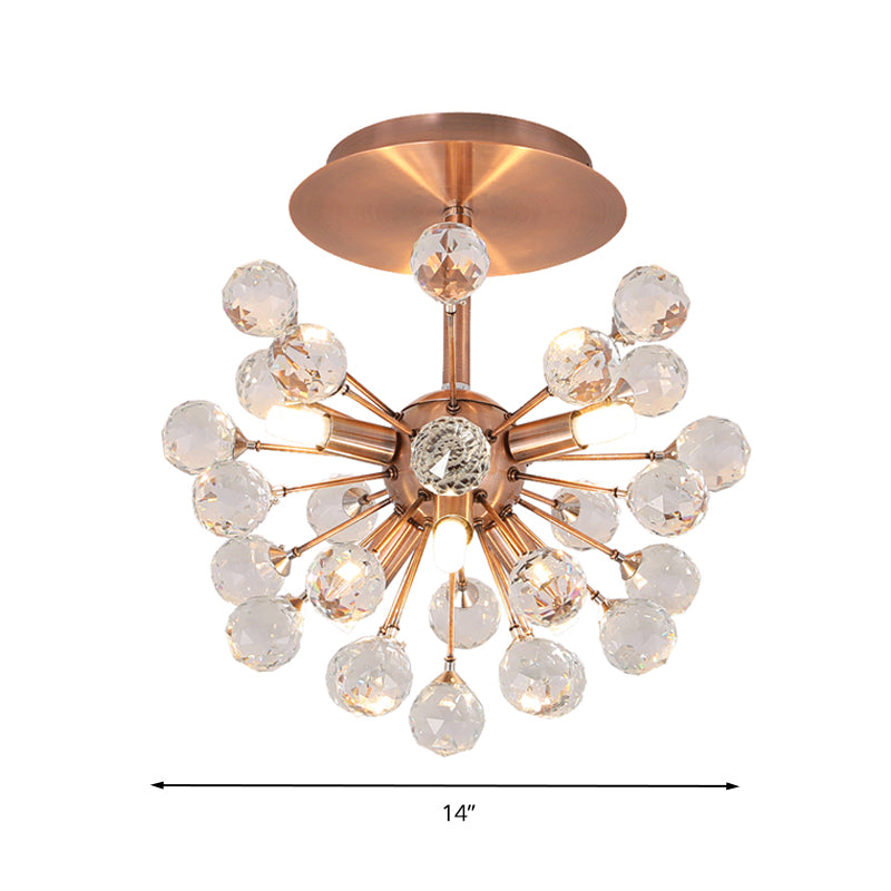 Modernist Globe Semi-Flush Mount Faceted Crystal 6 Bulbs Ceiling Light Fixture in Brass Clearhalo 'Ceiling Lights' 'Close To Ceiling Lights' 'Close to ceiling' 'Semi-flushmount' Lighting' 281253