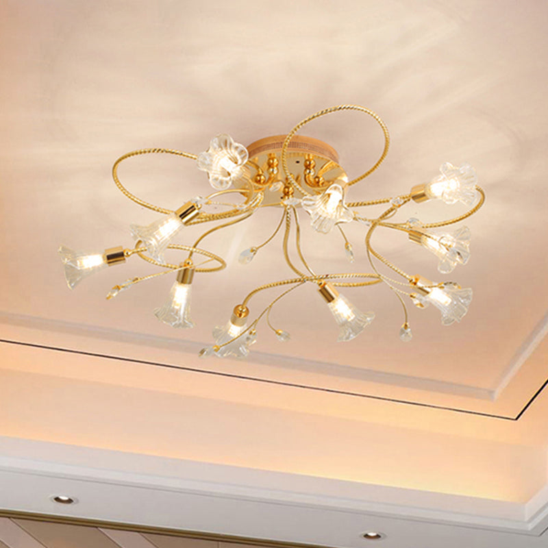 Crystal Floral Semi Flush Mount Modern 10/15 Heads Close to Ceiling Lighting in Gold for Living Room 10 Gold Clearhalo 'Ceiling Lights' 'Close To Ceiling Lights' 'Close to ceiling' 'Semi-flushmount' Lighting' 281286