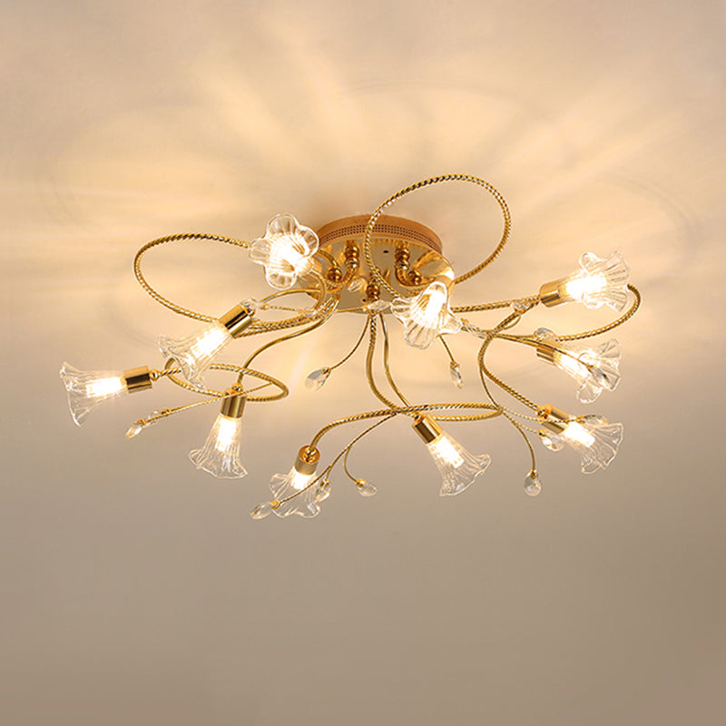 Crystal Floral Semi Flush Mount Modern 10/15 Heads Close to Ceiling Lighting in Gold for Living Room Clearhalo 'Ceiling Lights' 'Close To Ceiling Lights' 'Close to ceiling' 'Semi-flushmount' Lighting' 281287