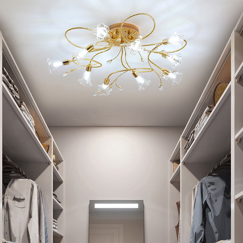 Crystal Floral Semi Flush Mount Modern 10/15 Heads Close to Ceiling Lighting in Gold for Living Room Clearhalo 'Ceiling Lights' 'Close To Ceiling Lights' 'Close to ceiling' 'Semi-flushmount' Lighting' 281288