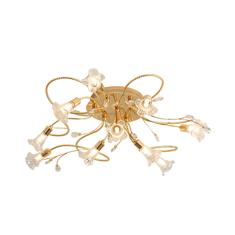 Crystal Floral Semi Flush Mount Modern 10/15 Heads Close to Ceiling Lighting in Gold for Living Room Clearhalo 'Ceiling Lights' 'Close To Ceiling Lights' 'Close to ceiling' 'Semi-flushmount' Lighting' 281289