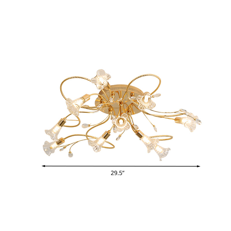 Crystal Floral Semi Flush Mount Modern 10/15 Heads Close to Ceiling Lighting in Gold for Living Room Clearhalo 'Ceiling Lights' 'Close To Ceiling Lights' 'Close to ceiling' 'Semi-flushmount' Lighting' 281290