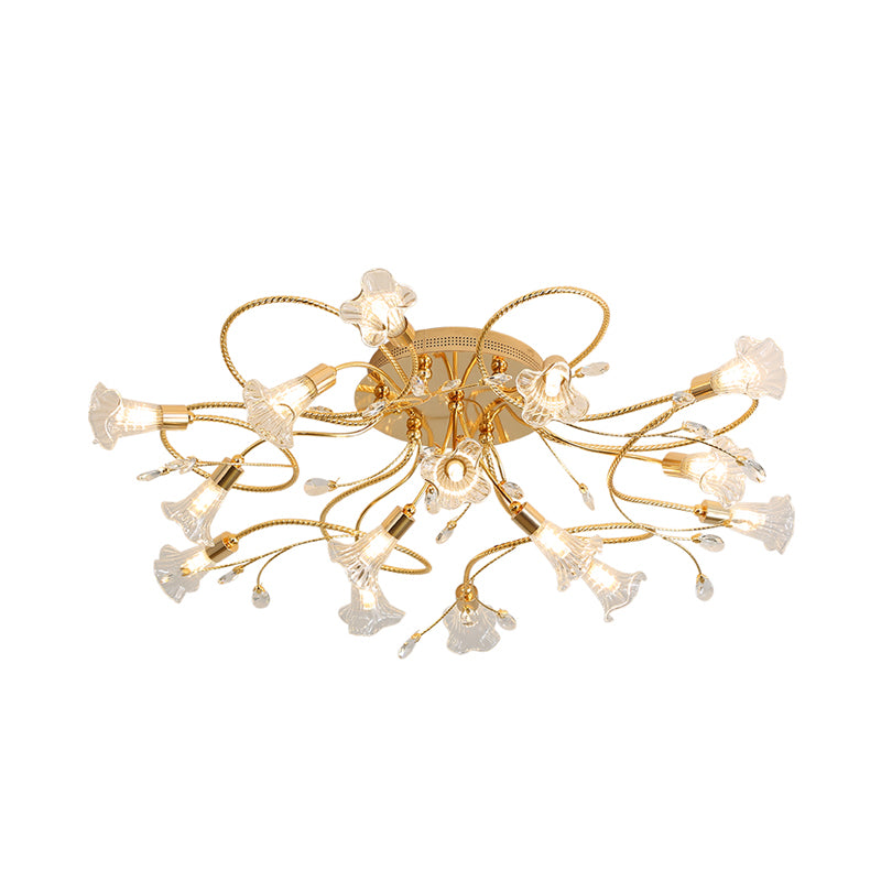 Crystal Floral Semi Flush Mount Modern 10/15 Heads Close to Ceiling Lighting in Gold for Living Room Clearhalo 'Ceiling Lights' 'Close To Ceiling Lights' 'Close to ceiling' 'Semi-flushmount' Lighting' 281293