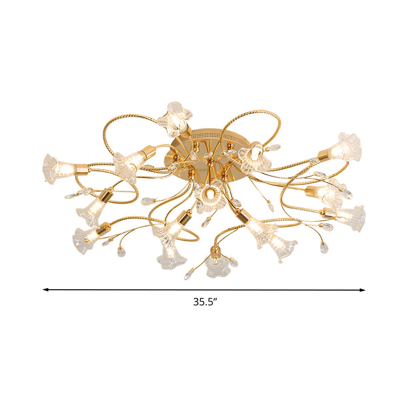 Crystal Floral Semi Flush Mount Modern 10/15 Heads Close to Ceiling Lighting in Gold for Living Room Clearhalo 'Ceiling Lights' 'Close To Ceiling Lights' 'Close to ceiling' 'Semi-flushmount' Lighting' 281294