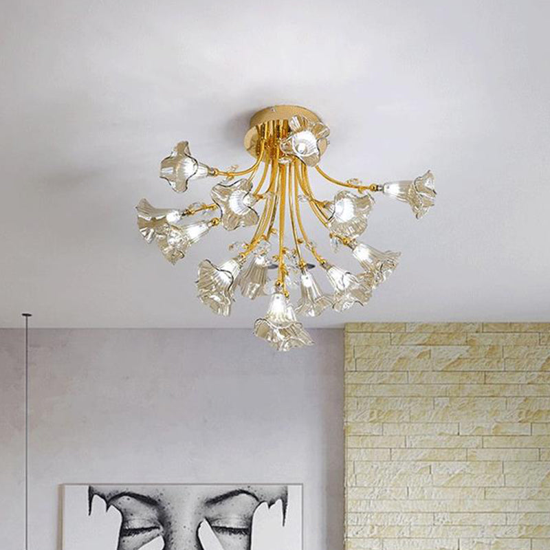 Gold Starburst Semi Flush Contemporary 16 Heads Crystal Ceiling Mount Light Fixture Gold Clearhalo 'Ceiling Lights' 'Close To Ceiling Lights' 'Close to ceiling' 'Semi-flushmount' Lighting' 281319