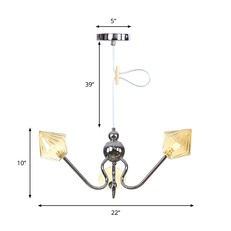 Diamond Shaped Pendant Lighting Farmhouse Amber/Clear Glass 3 Lights Restaurant Chandelier Lamp in Black/Chrome Clearhalo 'Cast Iron' 'Ceiling Lights' 'Chandeliers' 'Industrial Chandeliers' 'Industrial' 'Metal' 'Middle Century Chandeliers' 'Rustic Chandeliers' 'Tiffany' Lighting' 281329