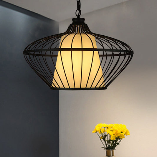 1 Light Basket Ceiling Suspension Lamp Classic Black Metallic Pendant Lighting Fixture Clearhalo 'Ceiling Lights' 'Pendant Lights' 'Pendants' Lighting' 281374
