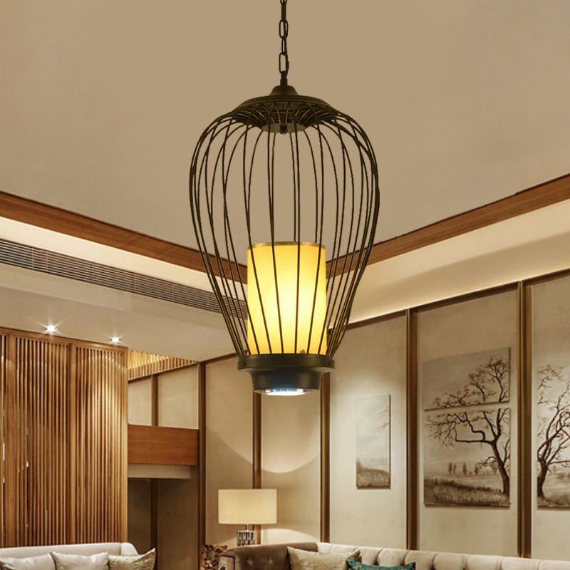 14"/18" Wide 1-Light Hanging Ceiling Pendant Chinese Style Wire Cage Iron Suspension Lamp Clearhalo 'Ceiling Lights' 'Pendant Lights' 'Pendants' Lighting' 281411