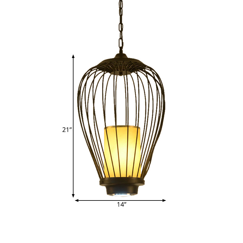 14"/18" Wide 1-Light Hanging Ceiling Pendant Chinese Style Wire Cage Iron Suspension Lamp Clearhalo 'Ceiling Lights' 'Pendant Lights' 'Pendants' Lighting' 281415