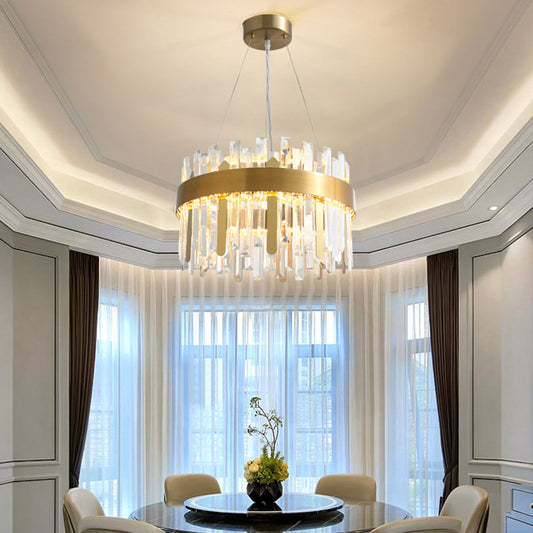 Drum Ceiling Chandelier Modernism Cut Crystal LED Gold Hanging Light Kit for Dining Room Clearhalo 'Ceiling Lights' 'Chandeliers' 'Modern Chandeliers' 'Modern' Lighting' 281643