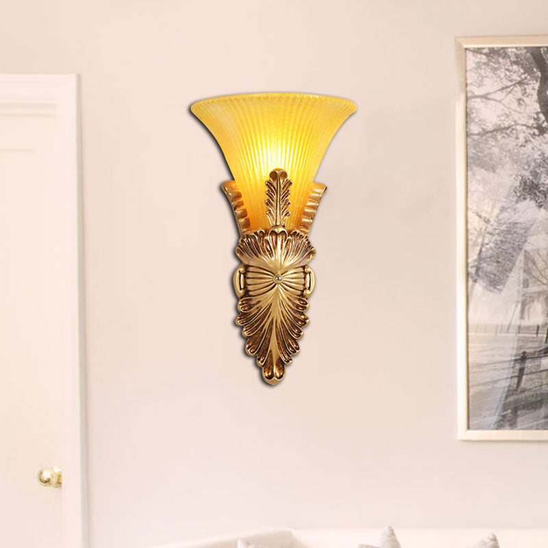 1 Head Wall Lamp with Bell Shade Yellow Glass and Resin Lodge Style Bedroom Wall Sconce in Gold Gold Clearhalo 'Wall Lamps & Sconces' 'Wall Lights' Lighting' 281712