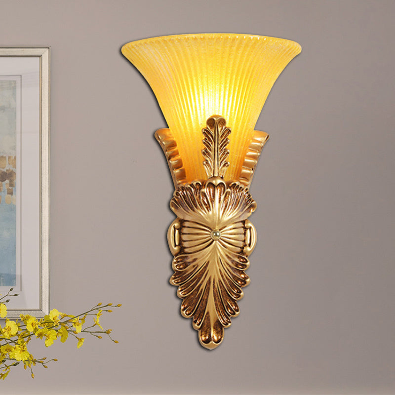 1 Head Wall Lamp with Bell Shade Yellow Glass and Resin Lodge Style Bedroom Wall Sconce in Gold Clearhalo 'Wall Lamps & Sconces' 'Wall Lights' Lighting' 281713