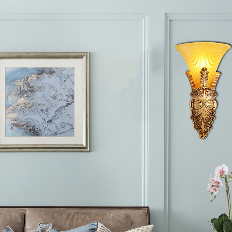 1 Head Wall Lamp with Bell Shade Yellow Glass and Resin Lodge Style Bedroom Wall Sconce in Gold Clearhalo 'Wall Lamps & Sconces' 'Wall Lights' Lighting' 281714