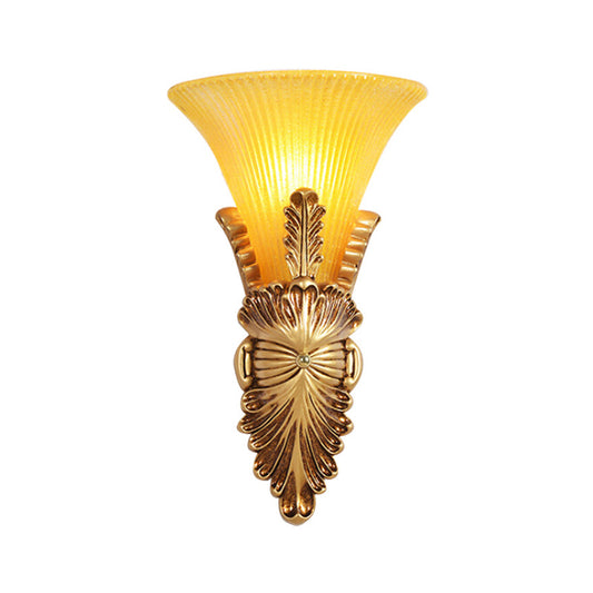 1 Head Wall Lamp with Bell Shade Yellow Glass and Resin Lodge Style Bedroom Wall Sconce in Gold Clearhalo 'Wall Lamps & Sconces' 'Wall Lights' Lighting' 281715