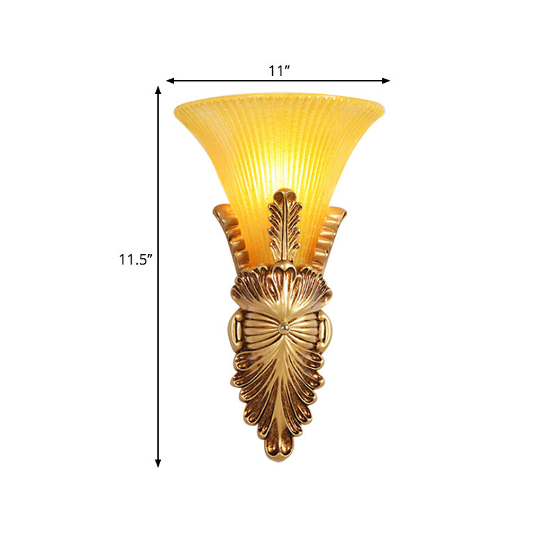 1 Head Wall Lamp with Bell Shade Yellow Glass and Resin Lodge Style Bedroom Wall Sconce in Gold Clearhalo 'Wall Lamps & Sconces' 'Wall Lights' Lighting' 281716