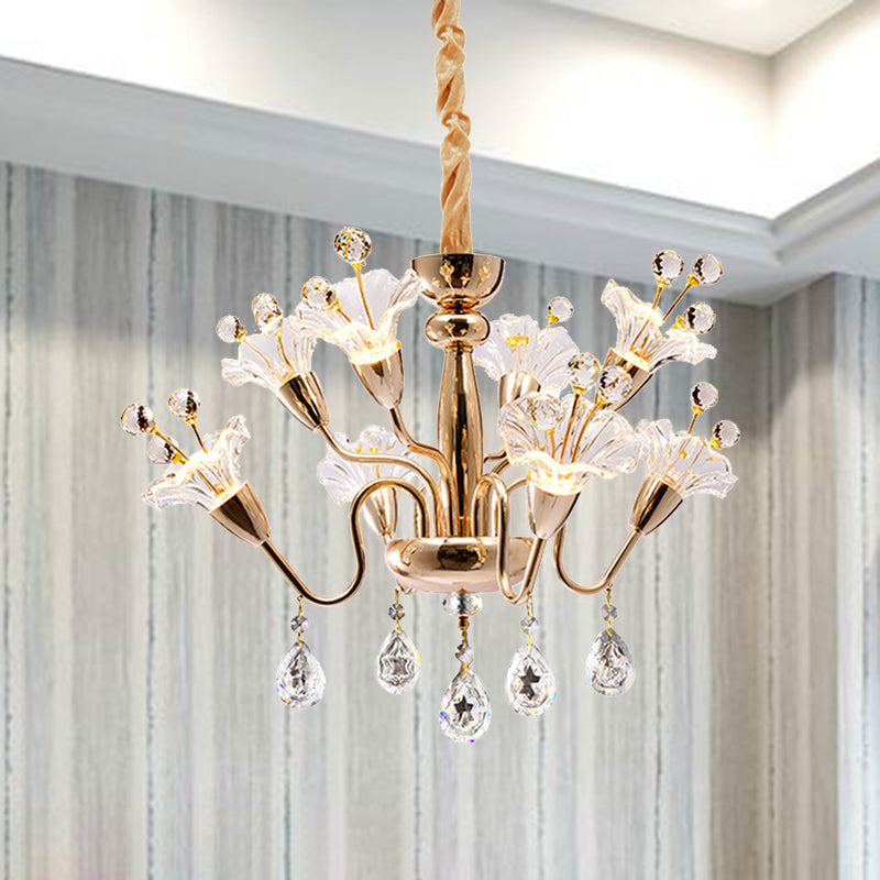 Floral Crystal Chandelier Lighting Traditionary 8 Bulbs Gold Pendant Light Fixture with Curved Arm Gold Clearhalo 'Ceiling Lights' 'Chandeliers' Lighting' options 281717_f2075cf6-d992-4a4d-9e22-3059787c7fb4