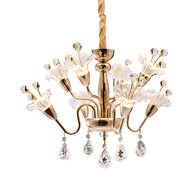 Floral Crystal Chandelier Lighting Traditionary 8 Bulbs Gold Pendant Light Fixture with Curved Arm Clearhalo 'Ceiling Lights' 'Chandeliers' Lighting' options 281720