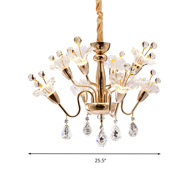 Floral Crystal Chandelier Lighting Traditionary 8 Bulbs Gold Pendant Light Fixture with Curved Arm Clearhalo 'Ceiling Lights' 'Chandeliers' Lighting' options 281721