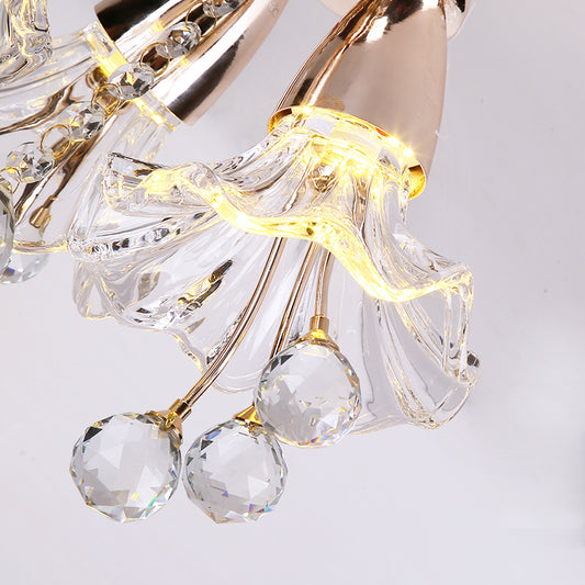 Floral Crystal Chandelier Lighting Traditionary 8 Bulbs Gold Pendant Light Fixture with Curved Arm Clearhalo 'Ceiling Lights' 'Chandeliers' Lighting' options 281722