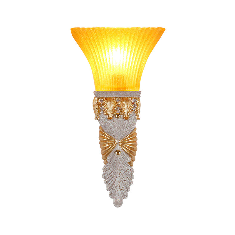 Flared Yellow Glass Wall Sconce Light Retro Style 1 Head Living Room Wall Mounted Lamp with Gold/Silver/White and Gold Backplate Clearhalo 'Wall Lamps & Sconces' 'Wall Lights' Lighting' 281867