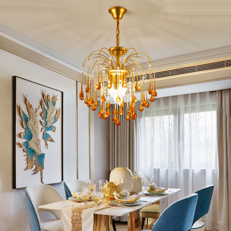 Clear/Deep Tan Crystal Sputnik Pendant Chandelier Traditionary 3/5/6 Bulbs Ceiling Hanging Light in Gold Clearhalo 'Ceiling Lights' 'Chandeliers' Lighting' options 281880