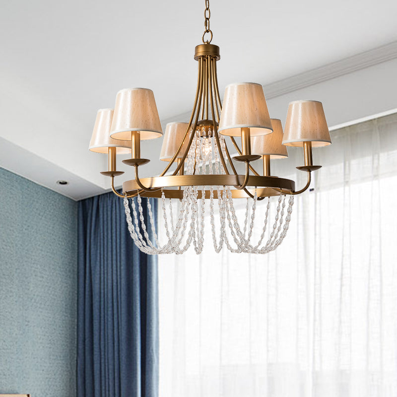 Brass Armed Hanging Chandelier Traditional 6 Heads Metal Pendant Light Fixture with Cone Fabric Shade Clearhalo 'Ceiling Lights' 'Chandeliers' Lighting' options 281917