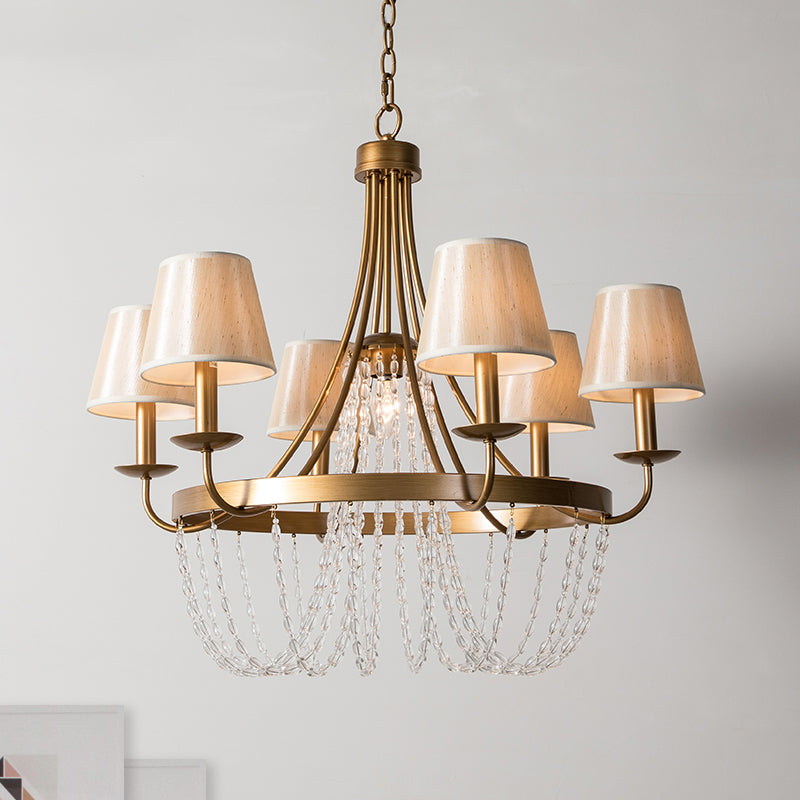 Brass Armed Hanging Chandelier Traditional 6 Heads Metal Pendant Light Fixture with Cone Fabric Shade Clearhalo 'Ceiling Lights' 'Chandeliers' Lighting' options 281918