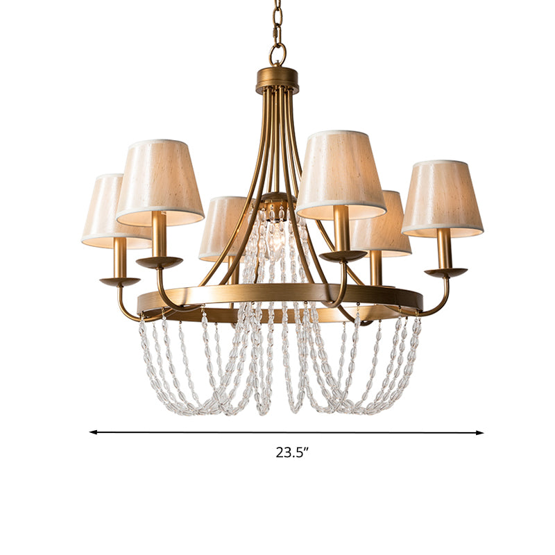 Brass Armed Hanging Chandelier Traditional 6 Heads Metal Pendant Light Fixture with Cone Fabric Shade Clearhalo 'Ceiling Lights' 'Chandeliers' Lighting' options 281921