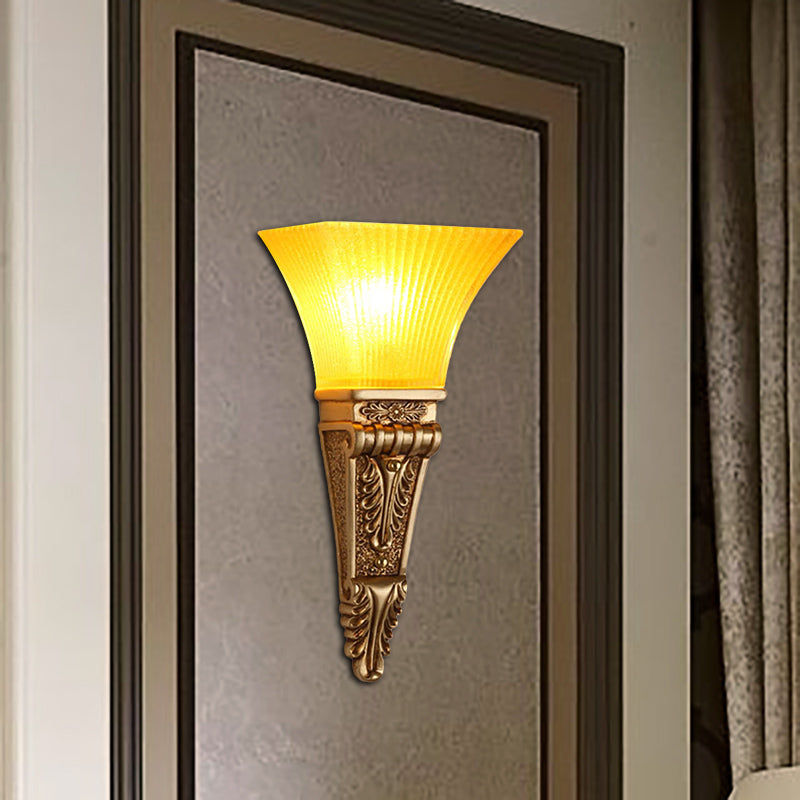 Modern Style Bell Wall Lighting 1 Bulb Yellow Glass and Resin Wall Mounted Lamp in Gold/White for Foyer, 14"/19" W Gold 14" Clearhalo 'Wall Lamps & Sconces' 'Wall Lights' Lighting' 281973