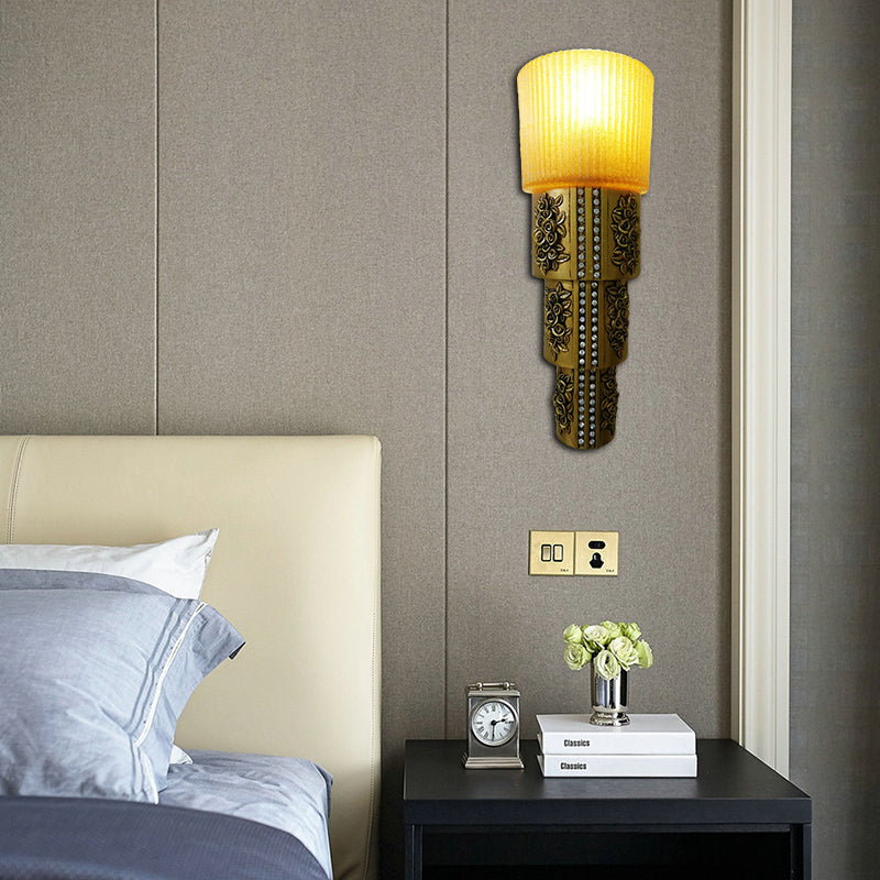 1 Light Wall Mounted Light with Cylinder Amber Glass Rustic Style Indoor Gold Finish Wall Lighting Clearhalo 'Wall Lamps & Sconces' 'Wall Lights' Lighting' 282023