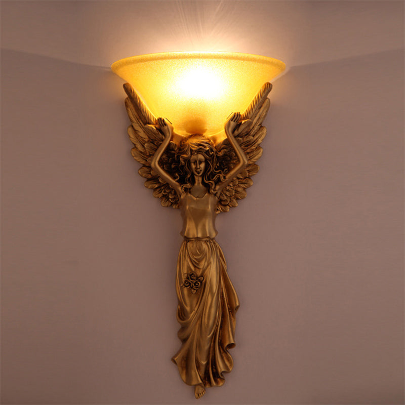 Amber Glass Bowl Wall Lamp Modern Style 1 Light Bedroom Wall Sconce Fixture with Gold/White Angel Design Clearhalo 'Wall Lamps & Sconces' 'Wall Lights' Lighting' 282042