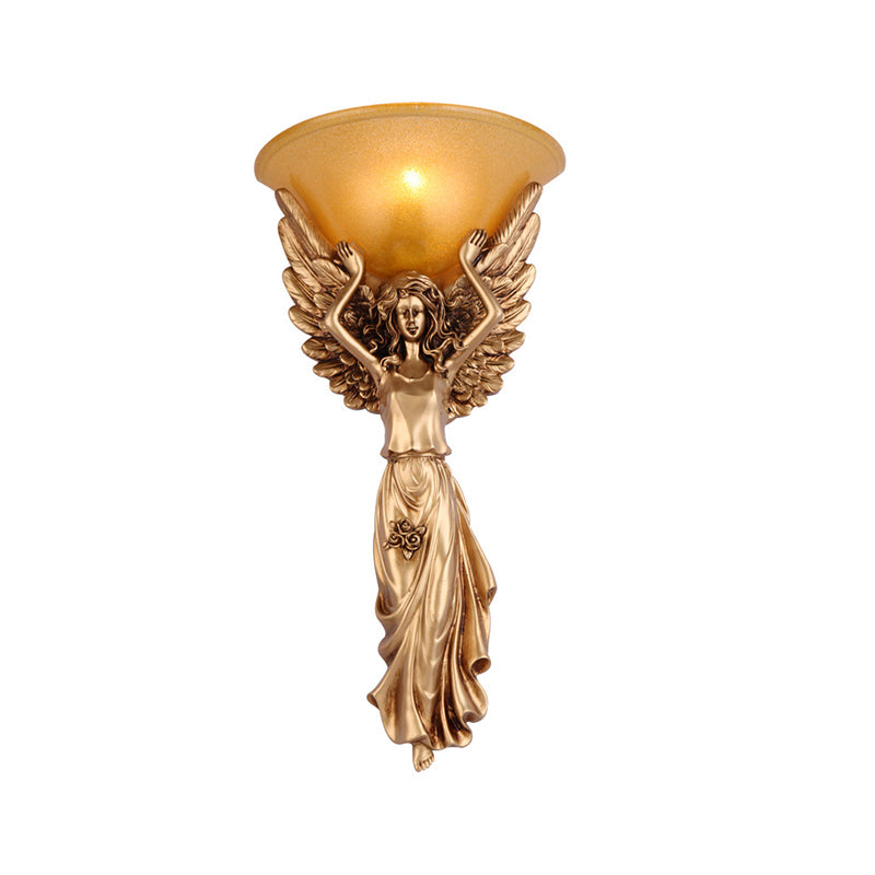 Amber Glass Bowl Wall Lamp Modern Style 1 Light Bedroom Wall Sconce Fixture with Gold/White Angel Design Clearhalo 'Wall Lamps & Sconces' 'Wall Lights' Lighting' 282044