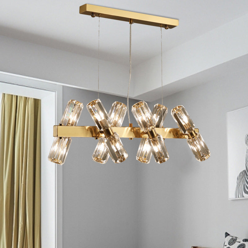 Tubular Chandelier Lamp Traditionary Beveled Crystal 12/16 Bulbs Gold Hanging Pendant Light Clearhalo 'Ceiling Lights' 'Chandeliers' Lighting' options 282175