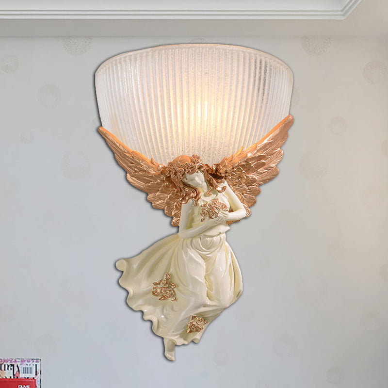 10"/12" W 1 Bulb Wall Sconce Lodge Style Bowl Frosted Glass Wall Mount Light with Gold/White Angel Design, Left/Right Clearhalo 'Wall Lamps & Sconces' 'Wall Lights' Lighting' 282260