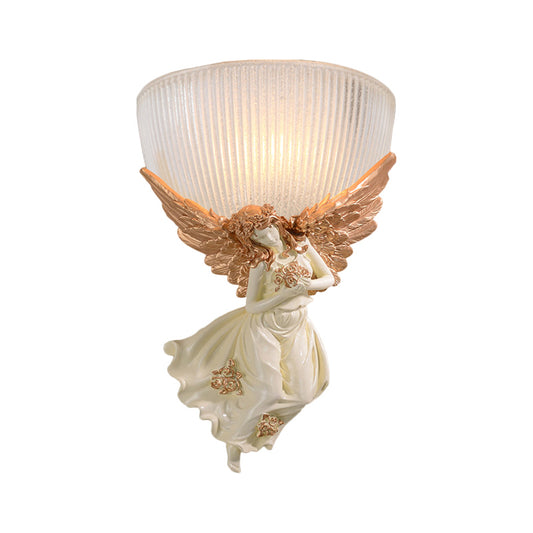 10"/12" W 1 Bulb Wall Sconce Lodge Style Bowl Frosted Glass Wall Mount Light with Gold/White Angel Design, Left/Right Clearhalo 'Wall Lamps & Sconces' 'Wall Lights' Lighting' 282262