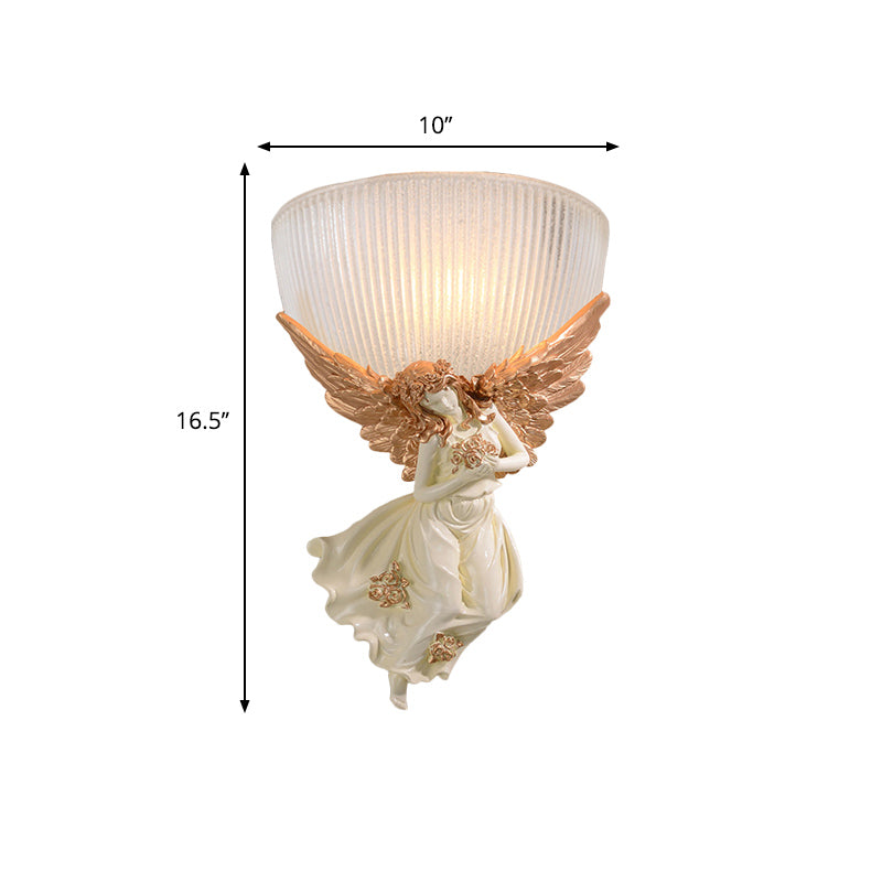 10"/12" W 1 Bulb Wall Sconce Lodge Style Bowl Frosted Glass Wall Mount Light with Gold/White Angel Design, Left/Right Clearhalo 'Wall Lamps & Sconces' 'Wall Lights' Lighting' 282263