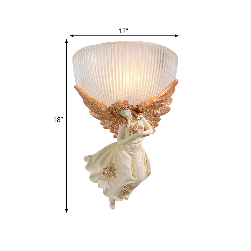 10"/12" W 1 Bulb Wall Sconce Lodge Style Bowl Frosted Glass Wall Mount Light with Gold/White Angel Design, Left/Right Clearhalo 'Wall Lamps & Sconces' 'Wall Lights' Lighting' 282264