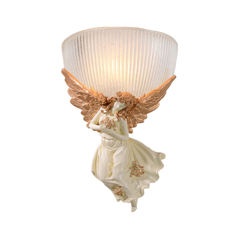 10"/12" W 1 Bulb Wall Sconce Lodge Style Bowl Frosted Glass Wall Mount Light with Gold/White Angel Design, Left/Right Clearhalo 'Wall Lamps & Sconces' 'Wall Lights' Lighting' 282267