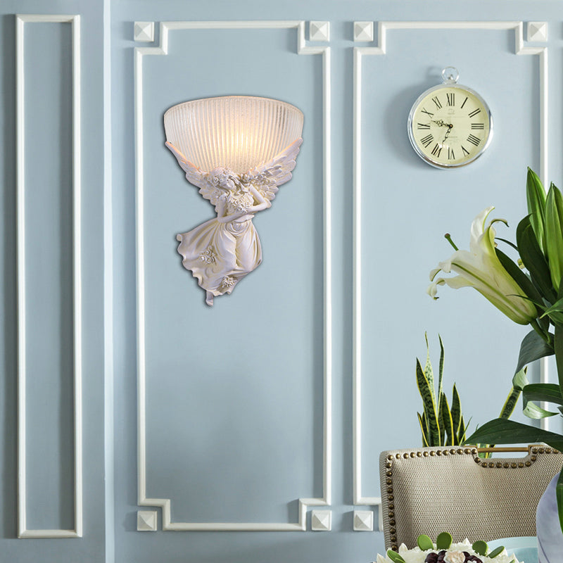 10"/12" W 1 Bulb Wall Sconce Lodge Style Bowl Frosted Glass Wall Mount Light with Gold/White Angel Design, Left/Right Clearhalo 'Wall Lamps & Sconces' 'Wall Lights' Lighting' 282271