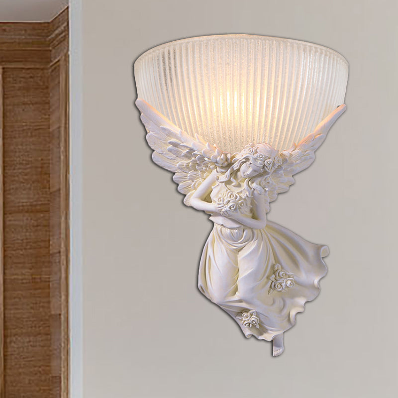 10"/12" W 1 Bulb Wall Sconce Lodge Style Bowl Frosted Glass Wall Mount Light with Gold/White Angel Design, Left/Right White Right Clearhalo 'Wall Lamps & Sconces' 'Wall Lights' Lighting' 282275