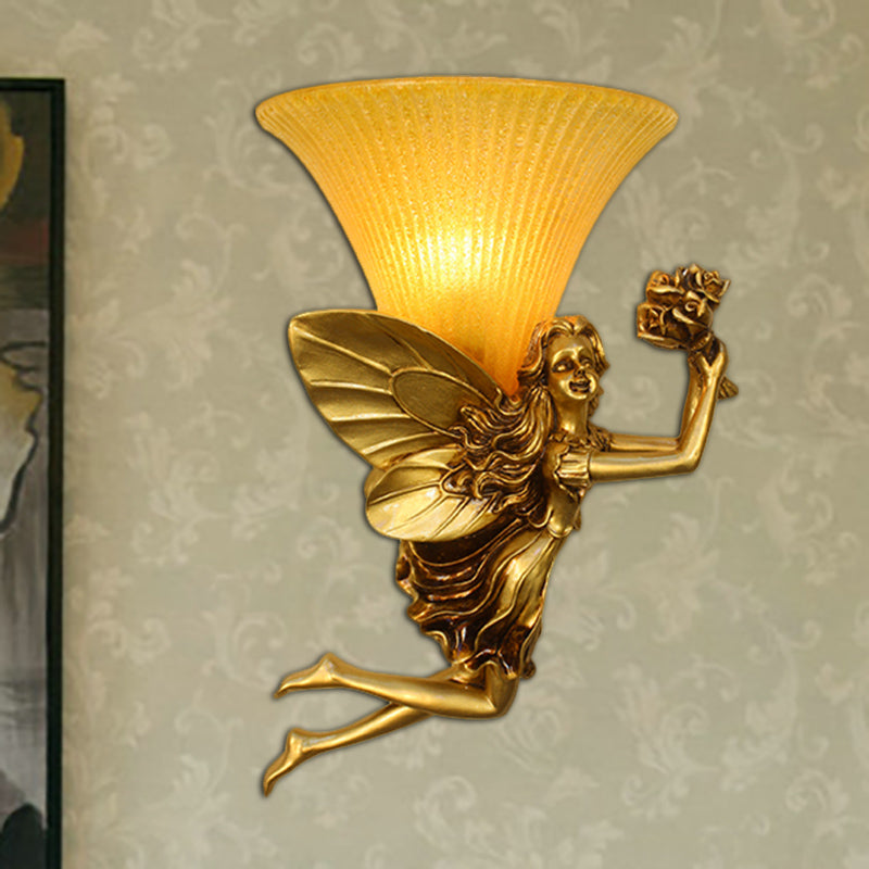 Retro Style Fairy Wall Lighting Fixture 1 Head Resin Blue/Gold Sconce Lamp with Amber Glass Bell Shade Gold Clearhalo 'Wall Lamps & Sconces' 'Wall Lights' Lighting' 282285