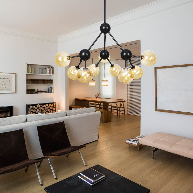 Orb Living Room Chandelier Lamp Amber/Clear/Smoke Gray Glass 3/9/12 Lights Industrial Ceiling Light with Sputnik Design, 13"/27.5"/34" Wide Clearhalo 'Cast Iron' 'Ceiling Lights' 'Chandeliers' 'Clear' 'Industrial Chandeliers' 'Industrial' 'Metal' 'Middle Century Chandeliers' 'Modern' 'Rustic Chandeliers' 'Tiffany' 'Traditional Chandeliers' Lighting' 282377