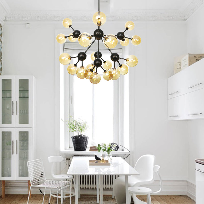 Orb Living Room Chandelier Lamp Amber/Clear/Smoke Gray Glass 3/9/12 Lights Industrial Ceiling Light with Sputnik Design, 13"/27.5"/34" Wide Clearhalo 'Cast Iron' 'Ceiling Lights' 'Chandeliers' 'Clear' 'Industrial Chandeliers' 'Industrial' 'Metal' 'Middle Century Chandeliers' 'Modern' 'Rustic Chandeliers' 'Tiffany' 'Traditional Chandeliers' Lighting' 282413