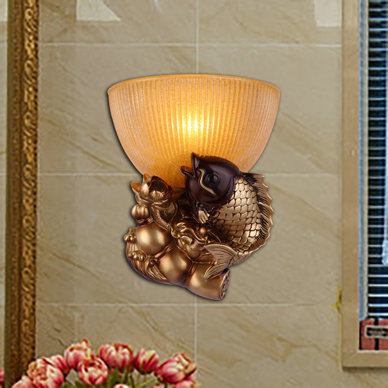 Gold Fish Wall Mount Lighting Lodge Style Resin 1 Bulb Bedroom Wall Sconce with Yellow Ribbed Glass Bowl Shade Gold Clearhalo 'Wall Lamps & Sconces' 'Wall Lights' Lighting' 282454