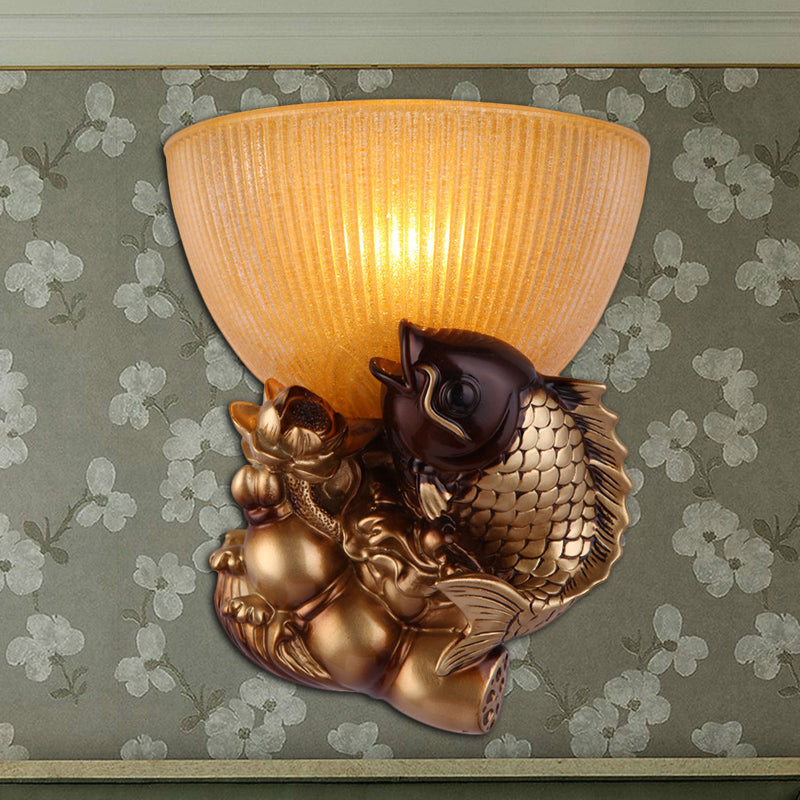 Gold Fish Wall Mount Lighting Lodge Style Resin 1 Bulb Bedroom Wall Sconce with Yellow Ribbed Glass Bowl Shade Clearhalo 'Wall Lamps & Sconces' 'Wall Lights' Lighting' 282455