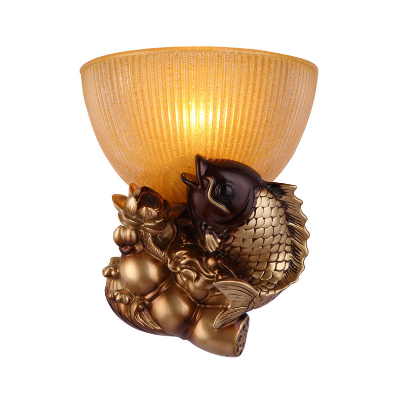 Gold Fish Wall Mount Lighting Lodge Style Resin 1 Bulb Bedroom Wall Sconce with Yellow Ribbed Glass Bowl Shade Clearhalo 'Wall Lamps & Sconces' 'Wall Lights' Lighting' 282457