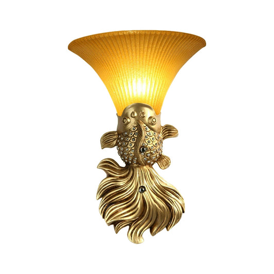 Red/Gold 1 Light Wall Sconce Fixture Lodge Stylish Resin Fish Shape Wall Mount Light with Amber Glass Bell Shade Clearhalo 'Wall Lamps & Sconces' 'Wall Lights' Lighting' 282478