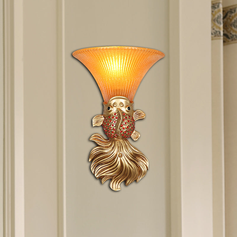 Fish Shape Resin Wall Sconce Country 1 Head Restaurant Red/Gold Finish Wall Mount Lamp with Amber Glass Bell Shade Red Clearhalo 'Wall Lamps & Sconces' 'Wall Lights' Lighting' 282491